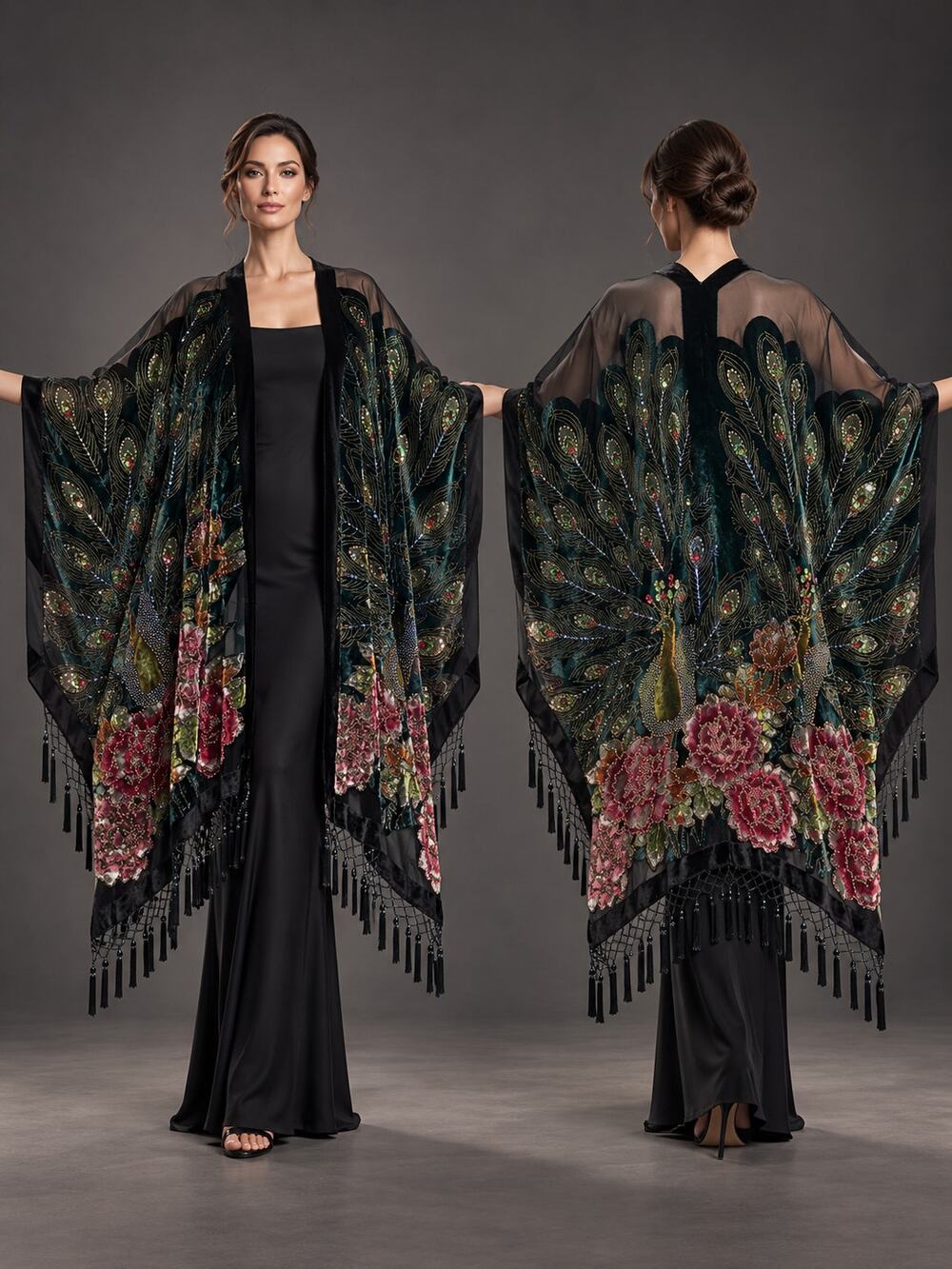 Burnout Velvet Peacock Kimono Hand Beaded Sequin Fringe Duster Emerald One Size